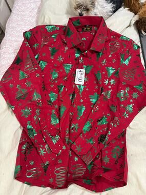 Barry.Wang Mens Small Christmas Shirt Red Metallic Green Trees Snowflakes NWT